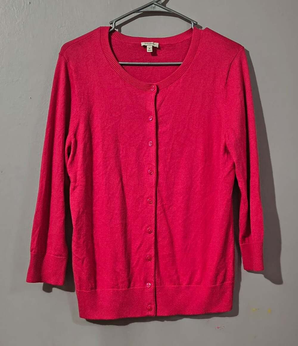 Talbots Pink Solid Knit Button Front Cardigan Sweater Women’s M Crew Neck